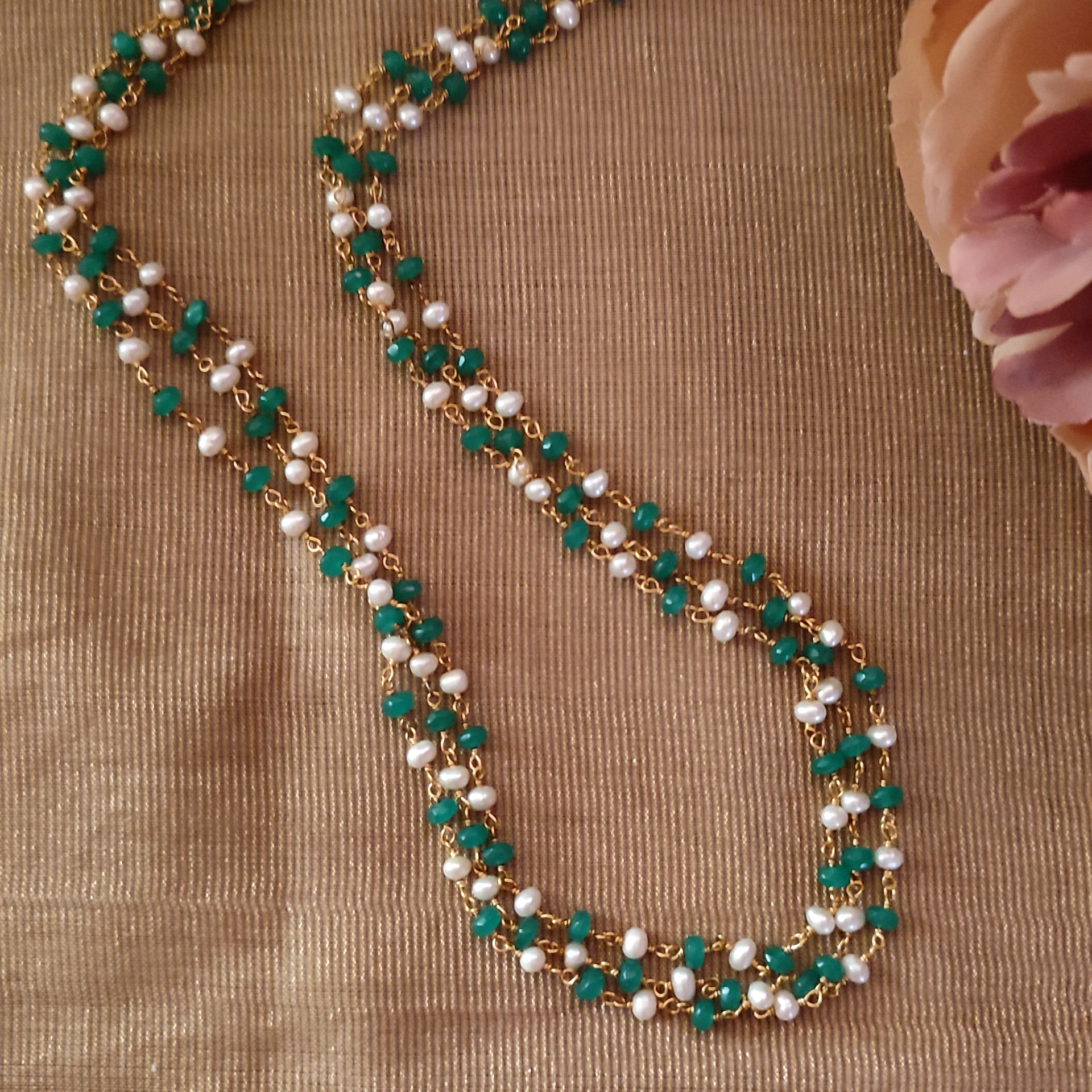 Three Layer Emerald And Pearl Chain 